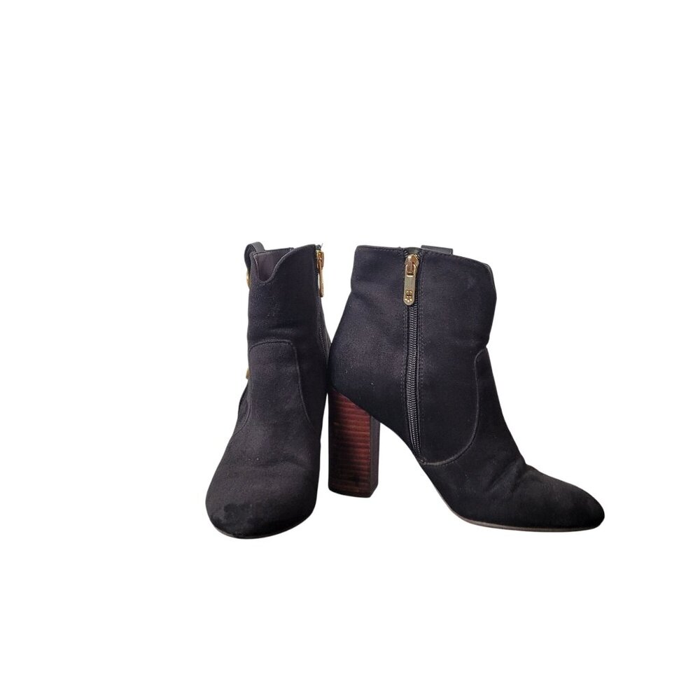 Tommy Hilfiger Domain 3 Black Suede Short Boots W/ Gold Buttons & Side Zippers S - Picture 2 of 12